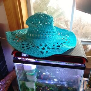 Turquoise Crochet Wide-Brim Sun Hat